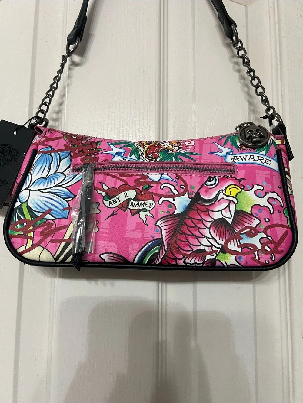 Ed Hardy Love Kills Slowly Pink Shoulder Bag NWT Y2K Skull Purse - Picture 7 of 11